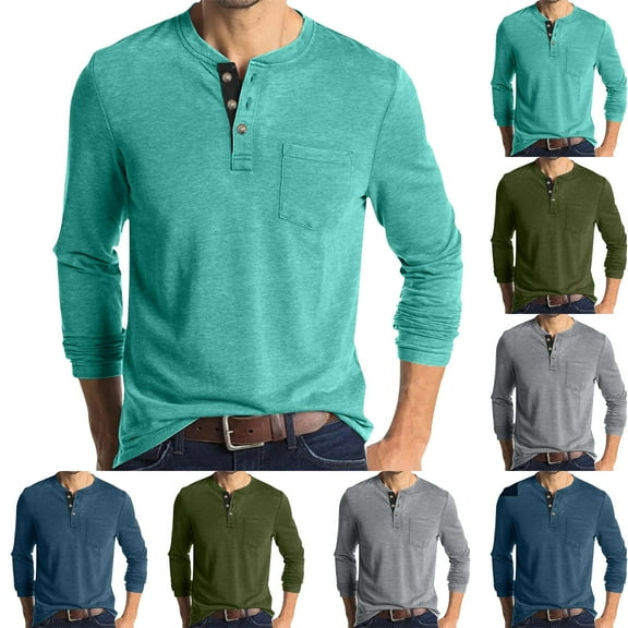 Drindf Mens Button Down Henley Shirt Lightweight Casual Cotton Tops Classic Long Sleeve Shirts Breathable Comfort Plain Shirt Top with Pocket Playeras Manga Larga Para Hombre