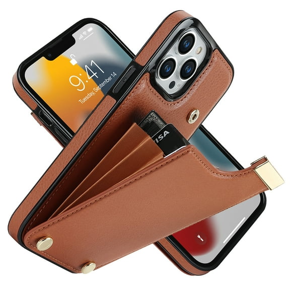 ELEHOLD Leather Wallet Case for iPhone 13 Pro,Premium Leather Material with Organ Card Slots Holders Full Body Protection Shockproof Anti-Fingerprint Purse Case,Brown
