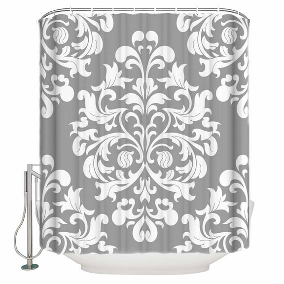 72x78 Inch Shower Curtain Baroque Grey Bathroom Decor Waterproof Fabric Bathtub Bath Curtains Decorative Vintage Damask Classic Floral Extra Long Shower Curtain Set with Hooks
