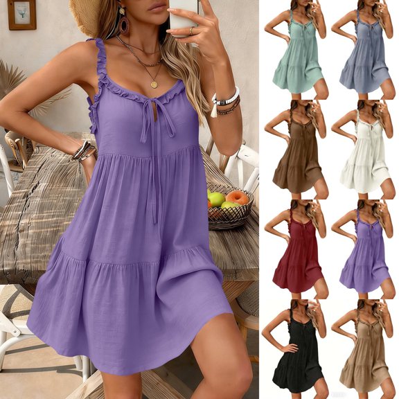 Smsaxvxz Summer Backless Mini Dresses for Women Fashion Solid V Neck Spaghetti Strap Casual Beach Vacation Sundress Purple XL