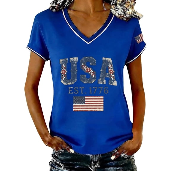 Womens V Neck T Shirts Stars and Stripes 250th Anniversary USA Print Short Sleeve Summer Casual Soft Tee Tops Blue L