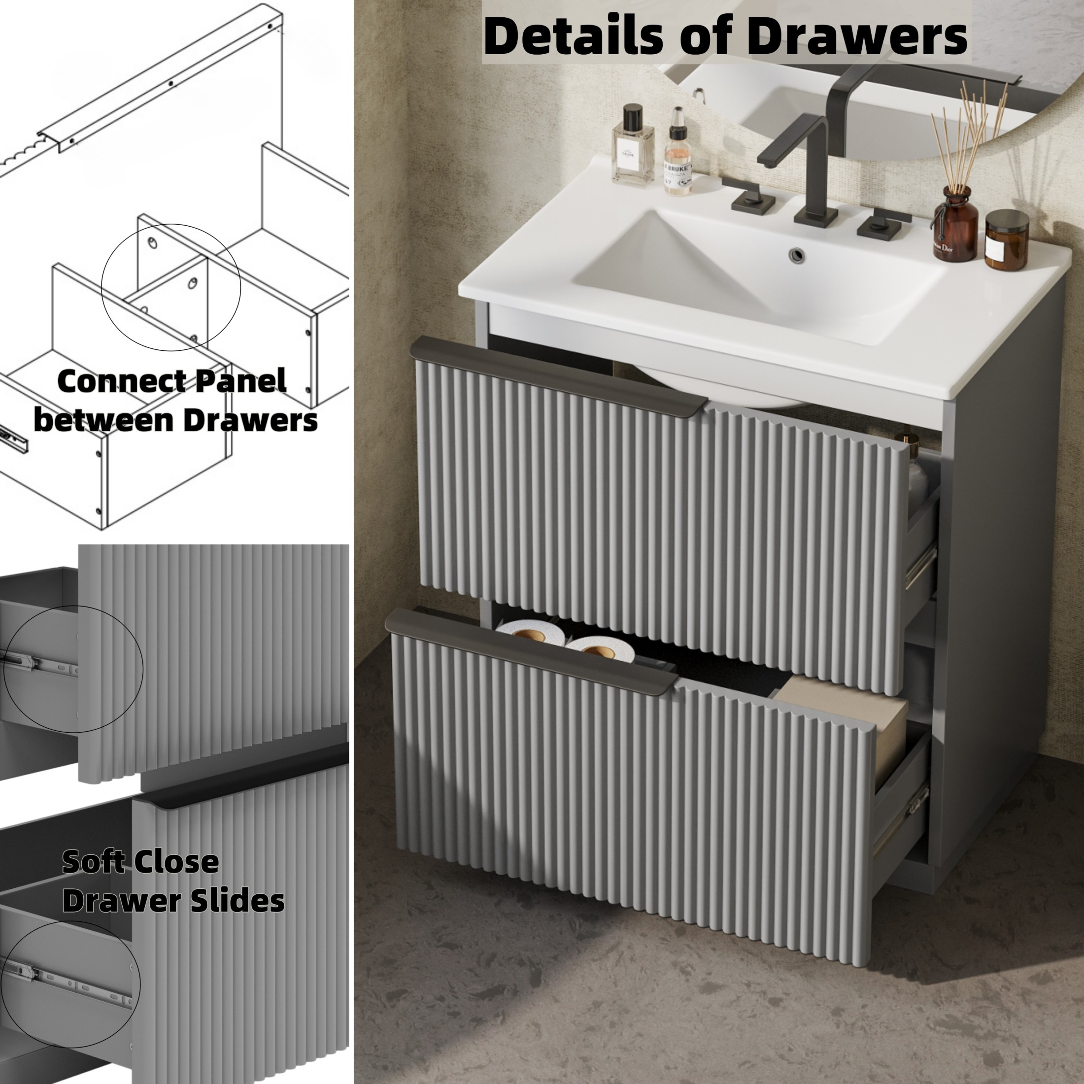 Christopher Knight Home 30" Bathroom Vanity with Sink, Soft-Close Drawers & Fluted Design, Gray
