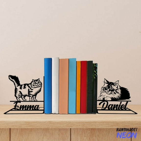 Handmadetneonsign Siberian Cat Metal Bookends, Siberian Cat Name Bookend, Cat Table Bookshelf Decor 045012