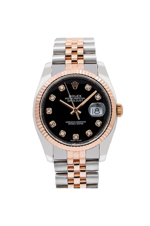Pre-Owned Rolex Datejust 36MM 116231 Black Diamond Dial Fluted Bezel Two Tone Rose Gold Jubilee Bracelet