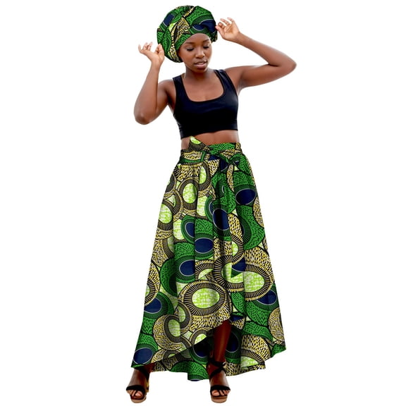 Maxi Skirts for Women African Inspired Bohemian Print Flowy Ankle Length Skirt and Head Scarf Green L