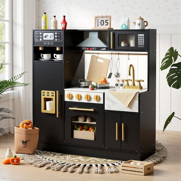 Jolie Vallee Kids Wooden Play Kitchen Set with Sound & Light, Pretend Cooking Toy with Oven Microwave Sink & Accessories, Gift for Toddlers Ages 3