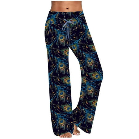 

HOMBOM Carpenter Pants for Women Summer Fashion Comfy Pajama Floral Print Elastic Waist Lounge Wide Leg Pants Blue XXL(12)