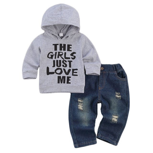 Xingqing Chandail à Capuchon pour Nouveau-Né Bébé Garçon à Imprimé de Lettres, Design Élastique, Jeans