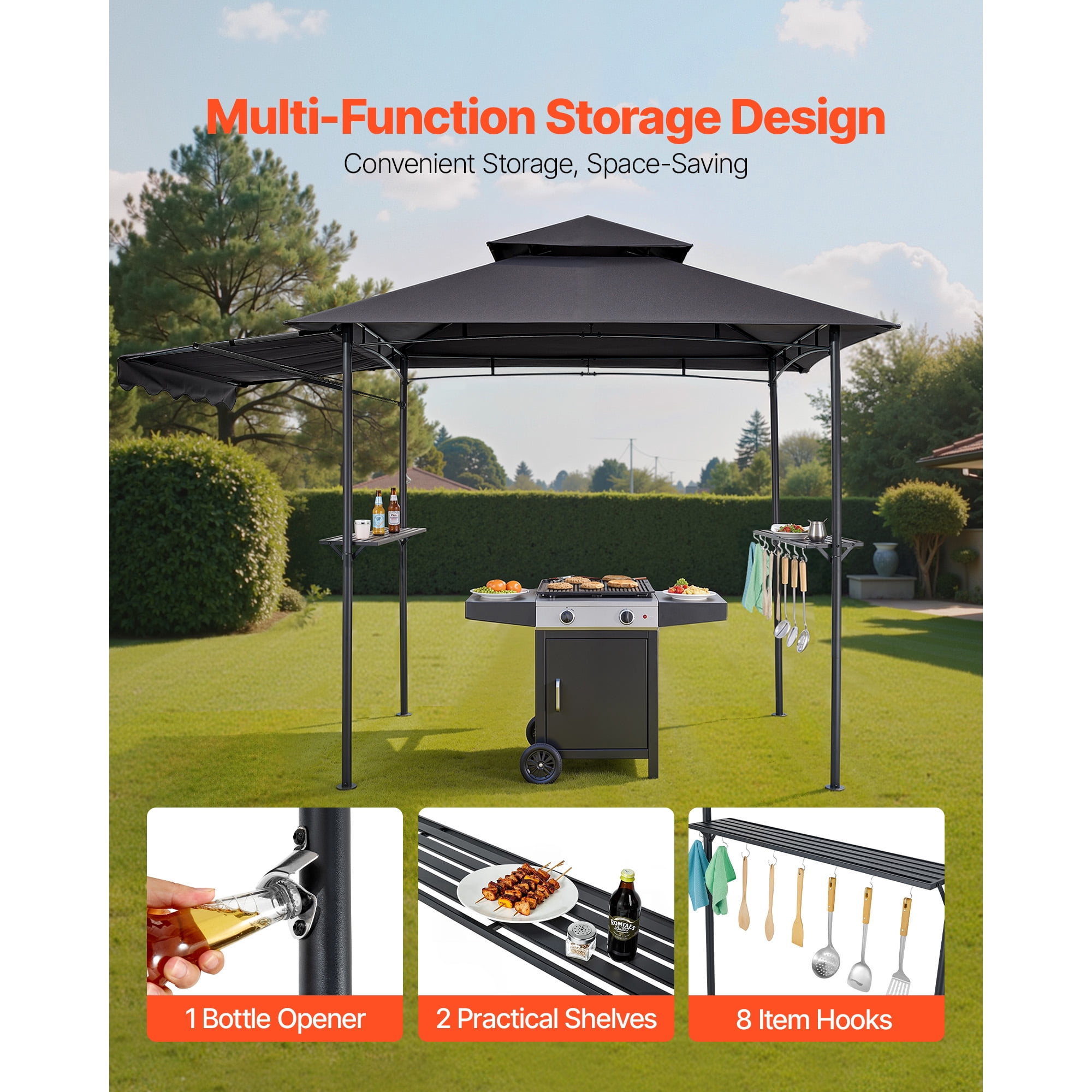 KFFKFF 8 x 5 ft Grill Gazebo with Double-Tier Roof, BBQ Shelter with Awning, Steel Frame, Side Shelves, Bottle Opener & Hooks, Outdoor Canopy for Patio or Garden