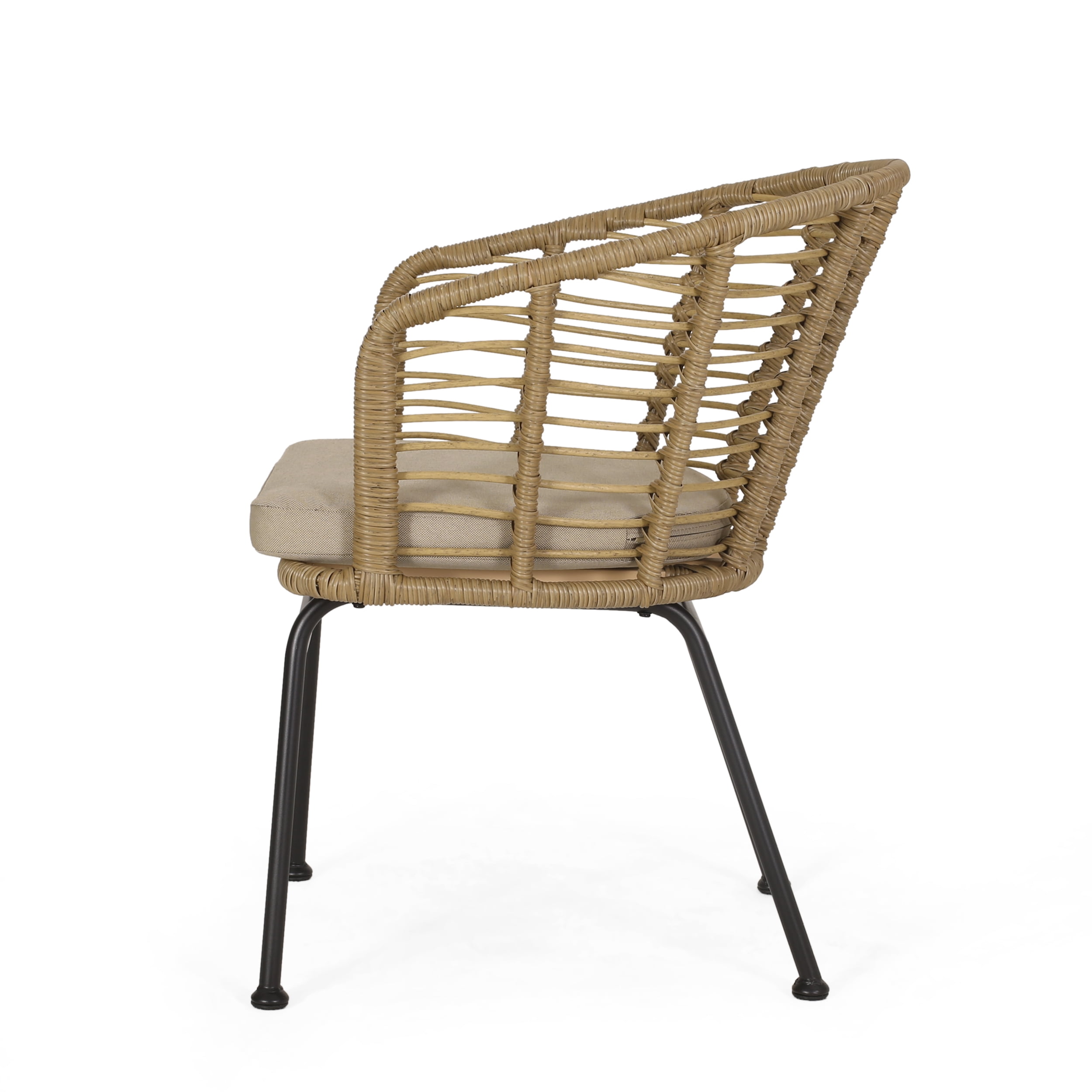Sonnette Wicker Outdoor Chair with Water Resistant Cushion, Set of 2, Light Brown and Beige
