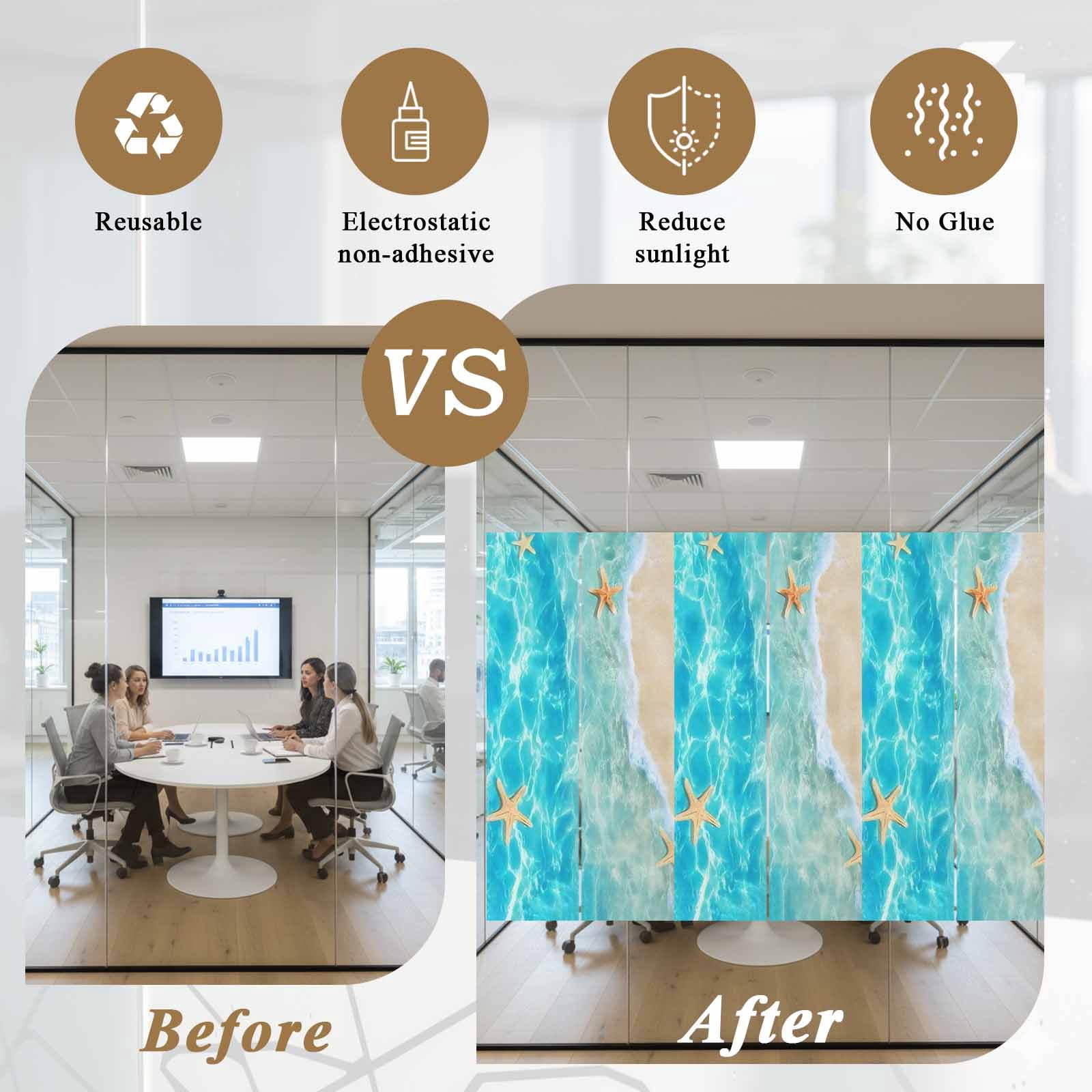 Summer Beach Window Privacy Film, Blue Teal Ocean Waves Beige Sand Starfish Shells Frosted Glass Window Clings Static Cling UV Heat Blocking Reusable Door Sticker for Bathroom 23.6 x 59 Inch