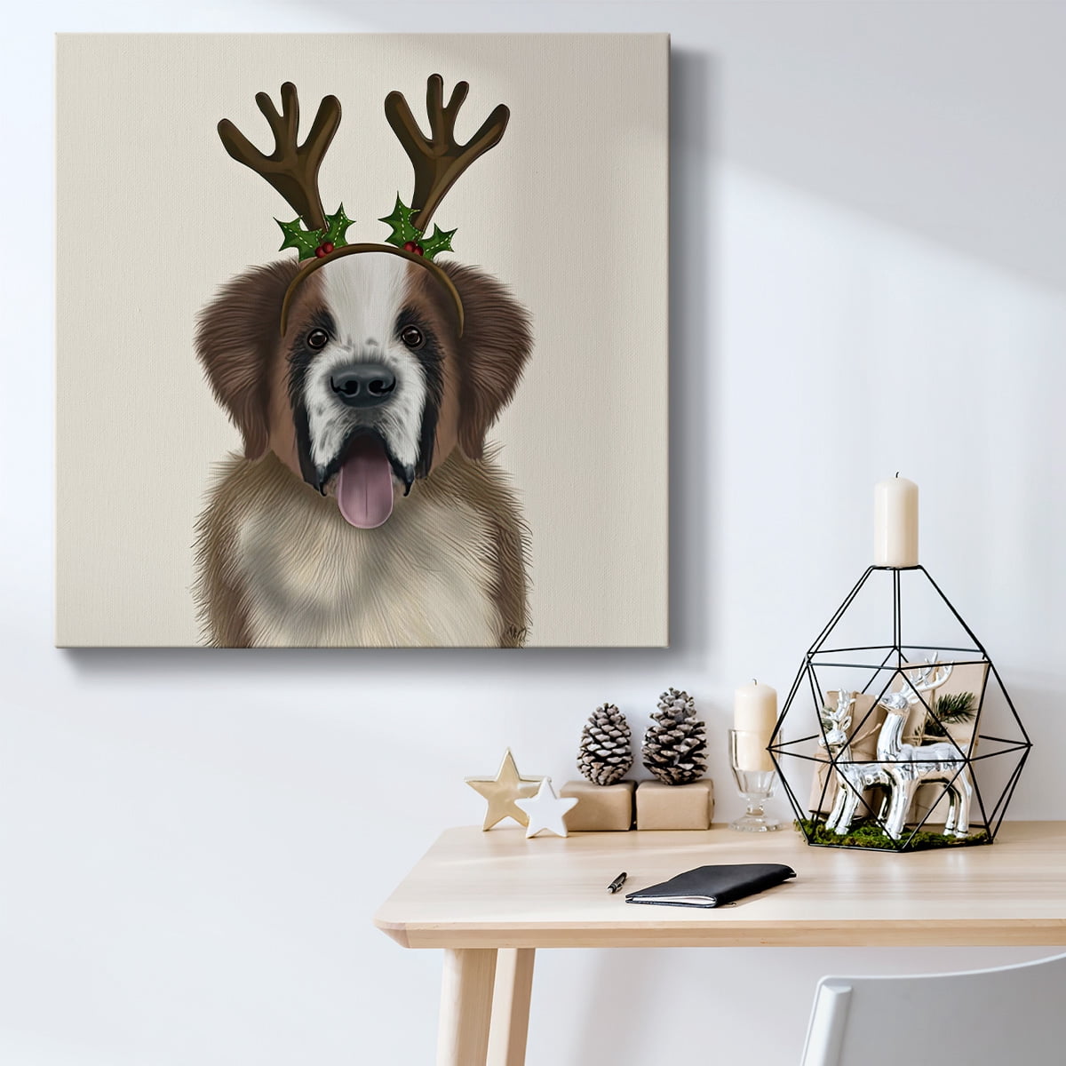 St Bernard Christmas Antlers- Gallery Wrapped Canvas