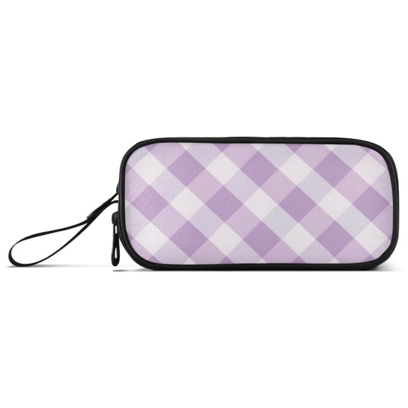 Lilac-white Plaid Pattern Pencil Case Stationary Holder Pen Bag Pencil Pouch Tool Organizer 3 Compartments