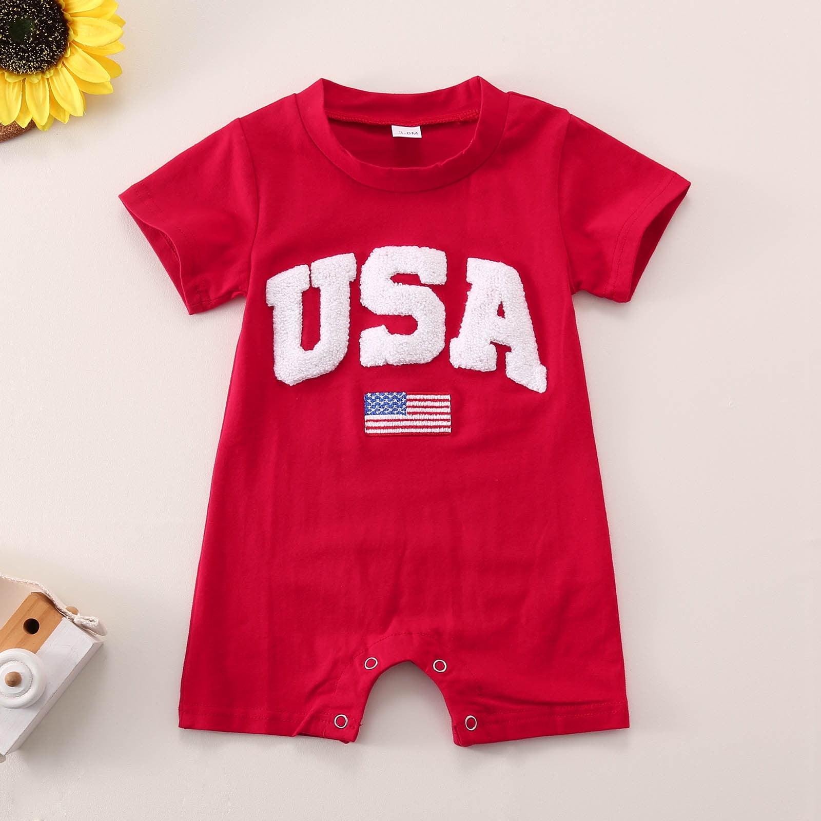 Povozer Newborn Baby Boy 4th of July Clothes Flag Embroidery Jumpsuit Waffle Short Sleeve Romper,Size 0-3 Months3,Red