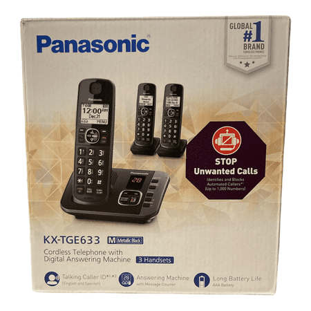Panasonic DECT 6.0 Expandable Cordless Phone System with Answering Machine and Call Blocking - 3 Handsets - KX-TGE633M (Metallic Black)