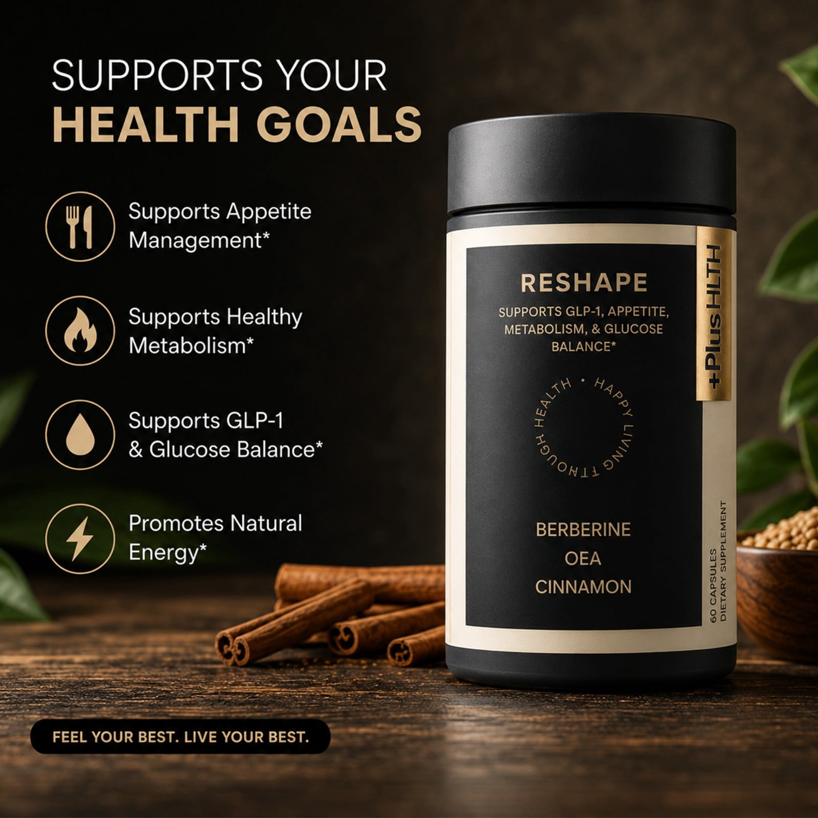 PlusHLTH Reshape Capsules, Berberine, Cinnamon, OEA, Vegan