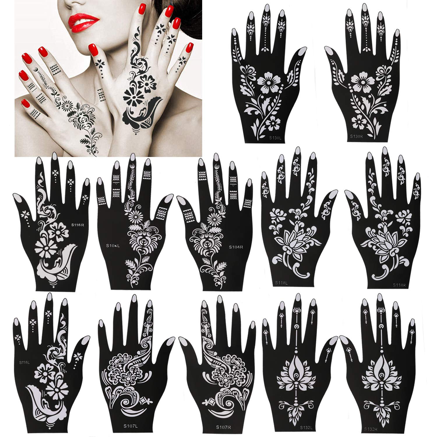 Pack Of 12 Sheets Henna Tattoo Stencil Templates Henna Hand Temporary Tattoo Kit Indian Arabian Self Adhesive Tattoo Sticker For Hand Body Art Paint For Adults Women Teenager Girls Walmart Com