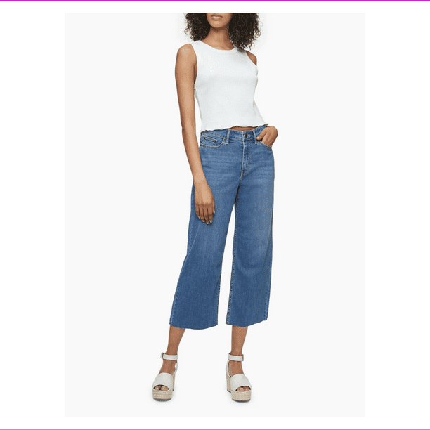 Calvin Klein Women's Mid-Blue High Rise Wide Leg Cropped Jeans, Mid Blue,  27 