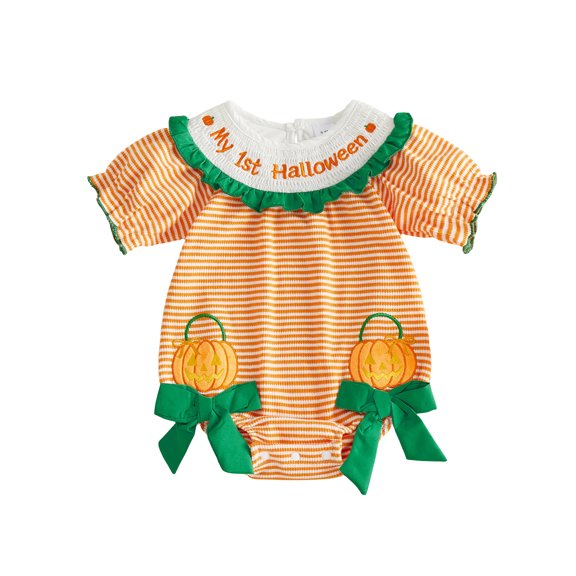 RUINIXCW Newborn Baby Girl Halloween Outfit Waffled Striped Bubble Romper Letter Ghost Pumpkin Embroidery Print Short Sleeve Smocked Bodysuits Jumpsuits