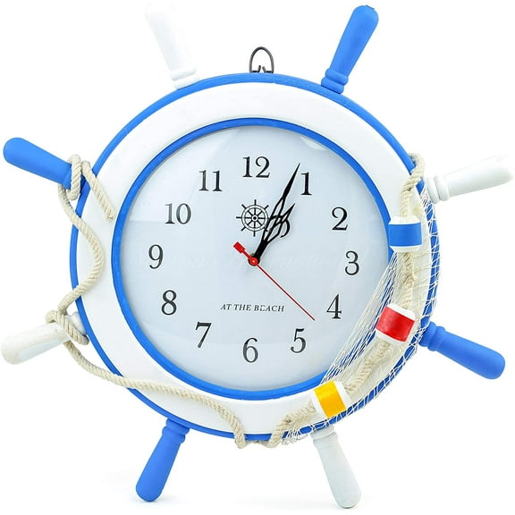 Nagina International White Blue Nautical Wooden Ship Wheel with White Numeral Dial Clock with Buoy Ropes Fishing Net - Pirate Nursery Ocean Beach Home Decor Gift