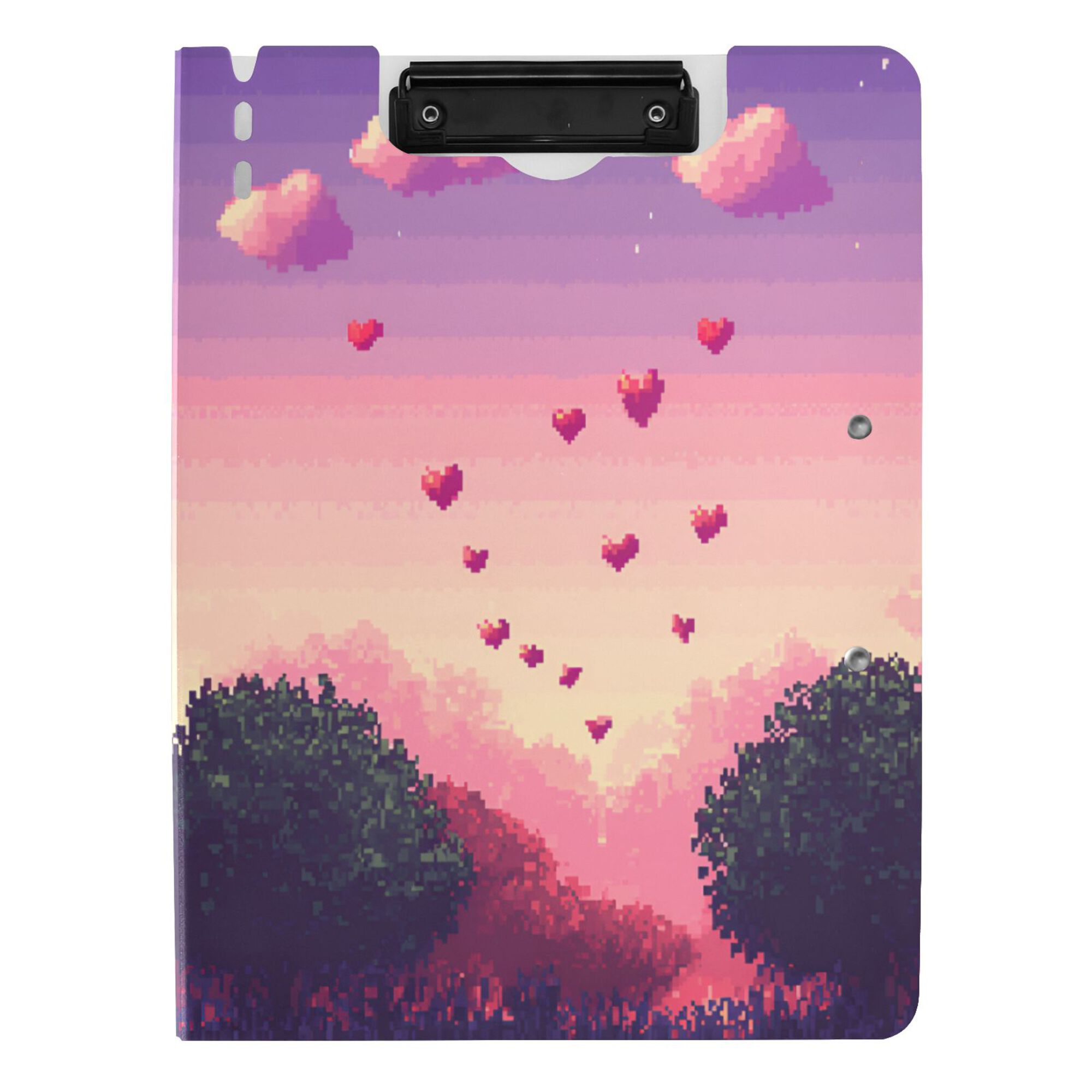 FORMRS A4 Clipboard Folder with Pen Holder Horizontal Foldable School Office Binder, Pixel Floating Hearts