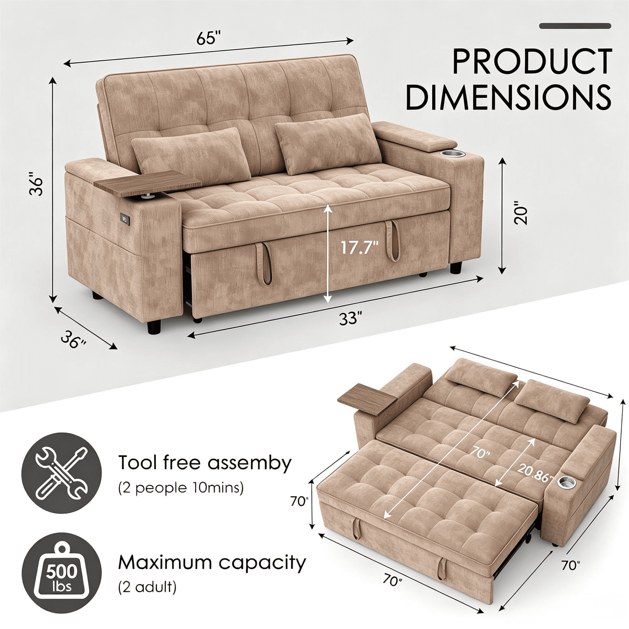 avobird 65" 3-in-1 Convertible Sofa Bed, Pull Out Loveseat with Chenille Fabric/Hidden storage space/Cup holder, Sleeper Sofa Bed for Living Room, Brown