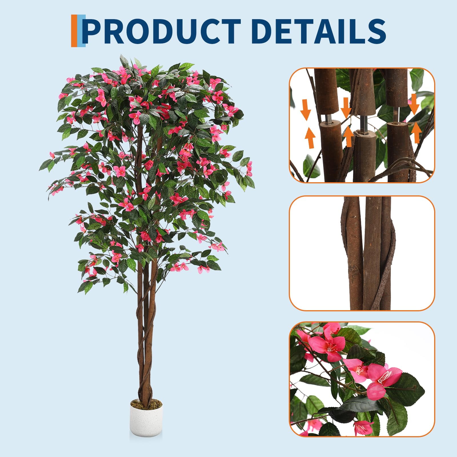 Gaderth Artificial Bougainvillea Tree 6FT, Maintenance-Free Artificial Bougainvillea Plants Indoor & Outdoor, Fake Tree with Silk Flowers in Pot for Home Office Garden Decor