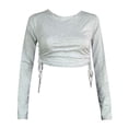 thumbnail image 2 of Gibobby Camisa&nbsp;Vaquera Camiseta umbilical corta de manga larga con cuello redondo y cordón Camiseta de mujer de color sólido a la moda（Gris， L), 2 of 3