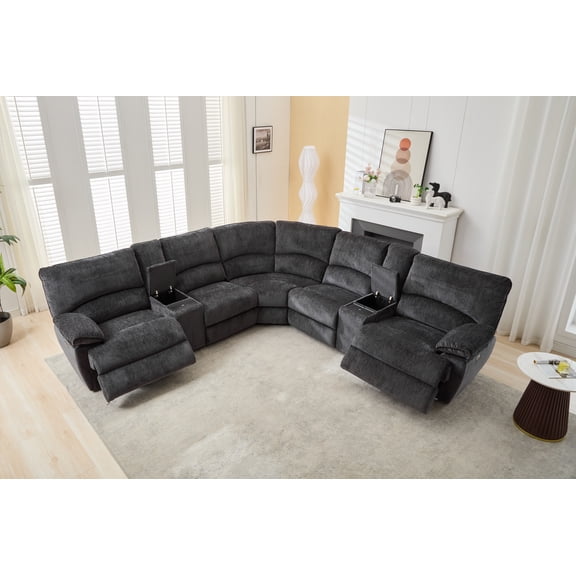 Manual Recliner Sofa Sets with Wireless Charging for Living Room Gray Chenille Electric Home Theater Seating Reclining Sofa with Console Storage