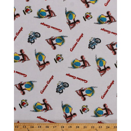 Cotton Curious George Playing Ball Monkey White Cotton Fabric Print by the Yard (54060-g550715), Cotton Fabric Print - 44in Wide - Sold by the Yard By Fields