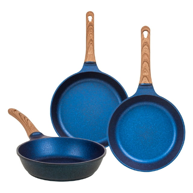 Juego De 3 Sartenes Zafiro Con Recubrimiento de Inoble Antiadherente 22,24 y 28cm – Color Azul - Kitchen Art - Queen Sense