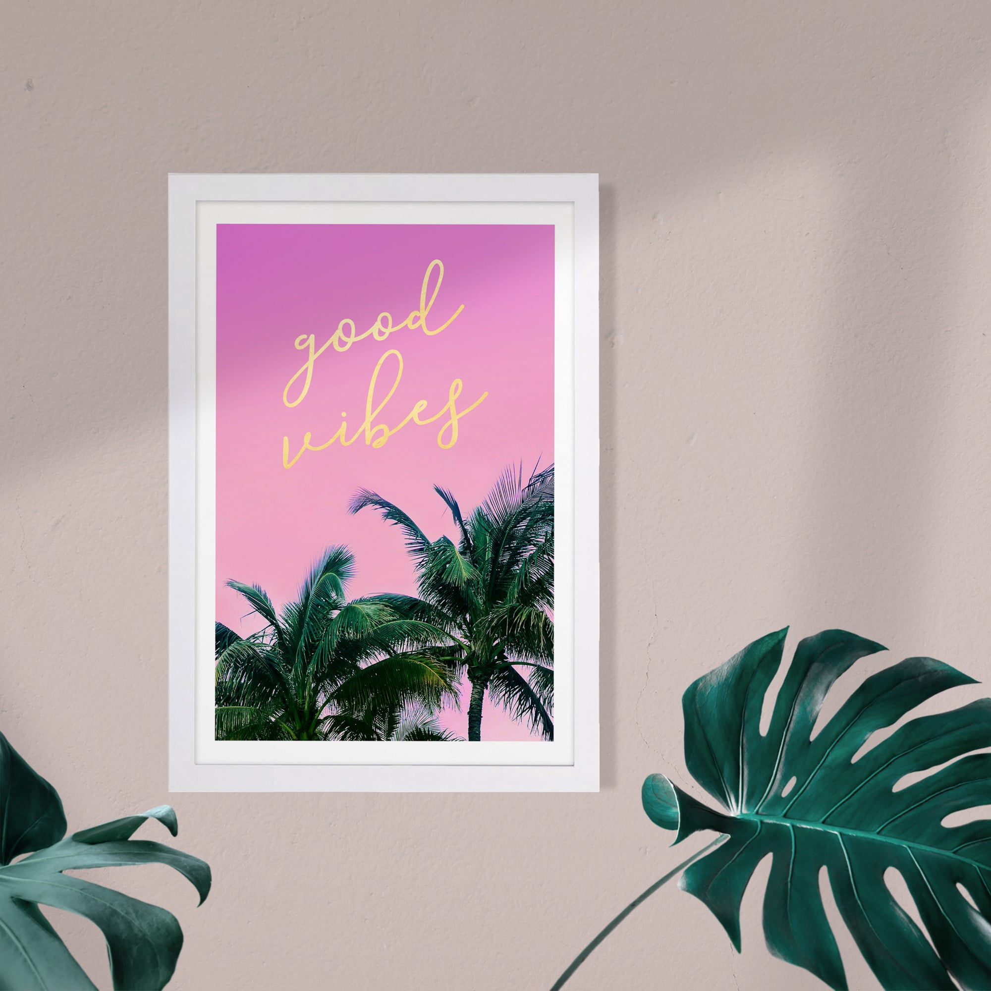 Wynwood Studio Typography and Quotes Framed Wall Art Prints 'Good Vibes and Palm Trees' Inspirational quotes - Pink, Green, 13" x 19"