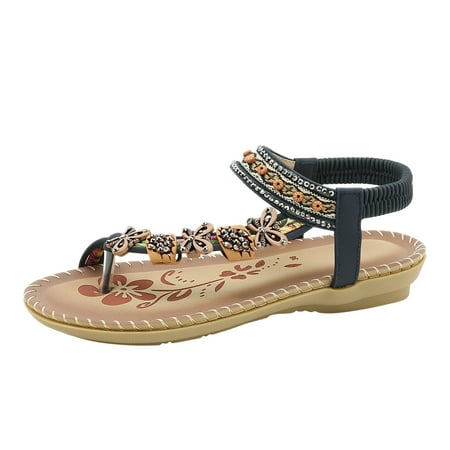 

Sandals Women Bohemian Flat Bottom Breathable Open Toe Shoes Pu Blue 39
