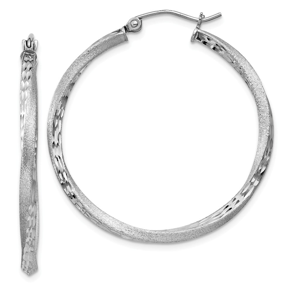925 Sterling Silver RH-plated Satin Diamond Cut 2.5x35mm Twisted Hoop  Earrings; for Adults and Teens; for Women and Men