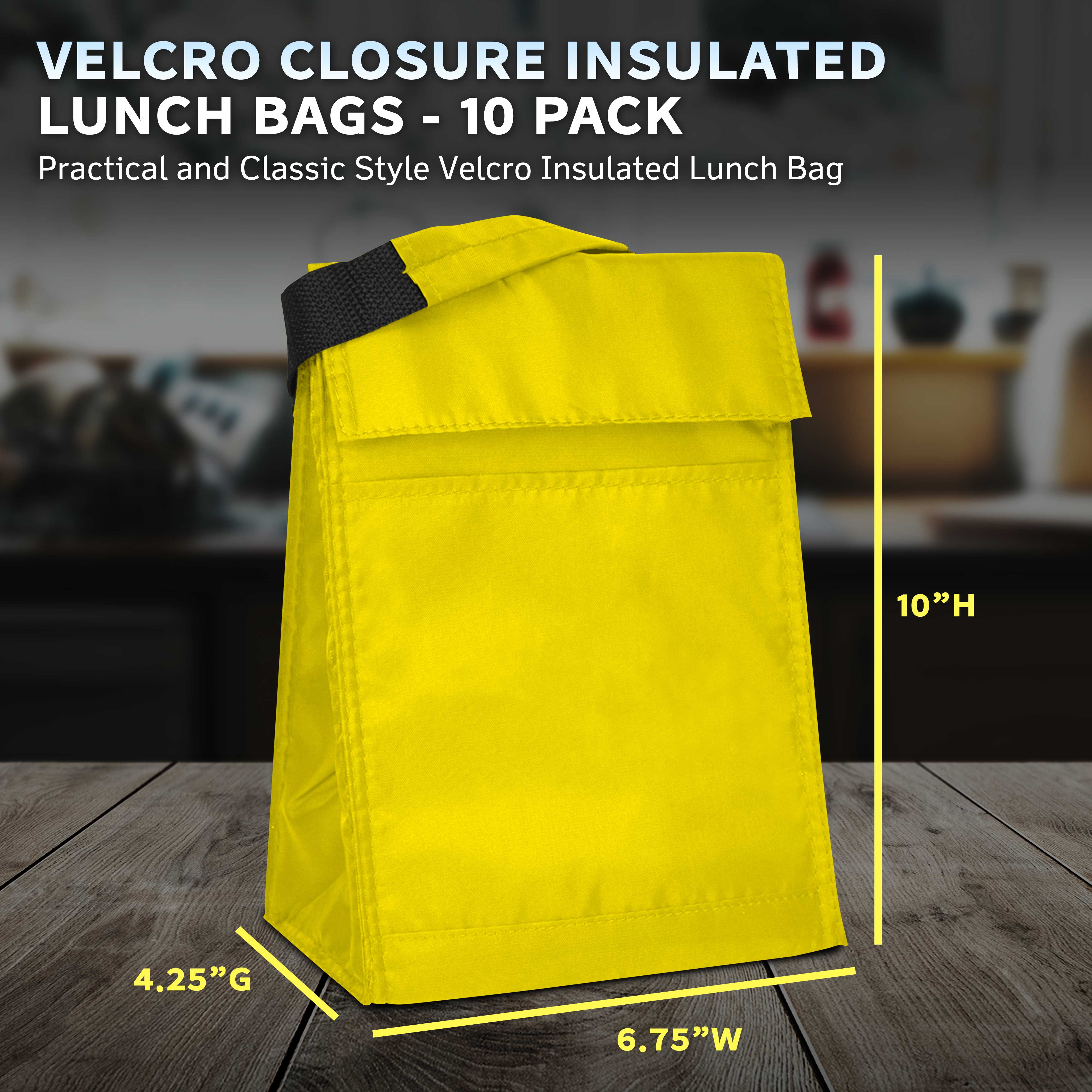 10 Hook and Loop Insulated Lunch Bags Set - Polyester, Durable, Vibrant, Reusable - Yellow