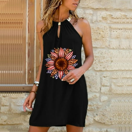 

Hvyesh Summer Dresses Women 2023 Casual Loose Fit Maxi Dress American Flag Graphic Crewneck Sundresses Spaghetti Strap Sleeveless Flowy Dresses Black
