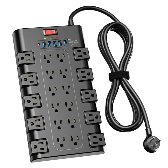 Power Strip, Surge Protector with 22 AC Outlets and 6 USB Charging Ports, 1875W/15A, 2100 Joules, 6.5Ft Flat Plug Heavy Duty Extension Cord for Home, Office, Dorm, Gaming Room, Black