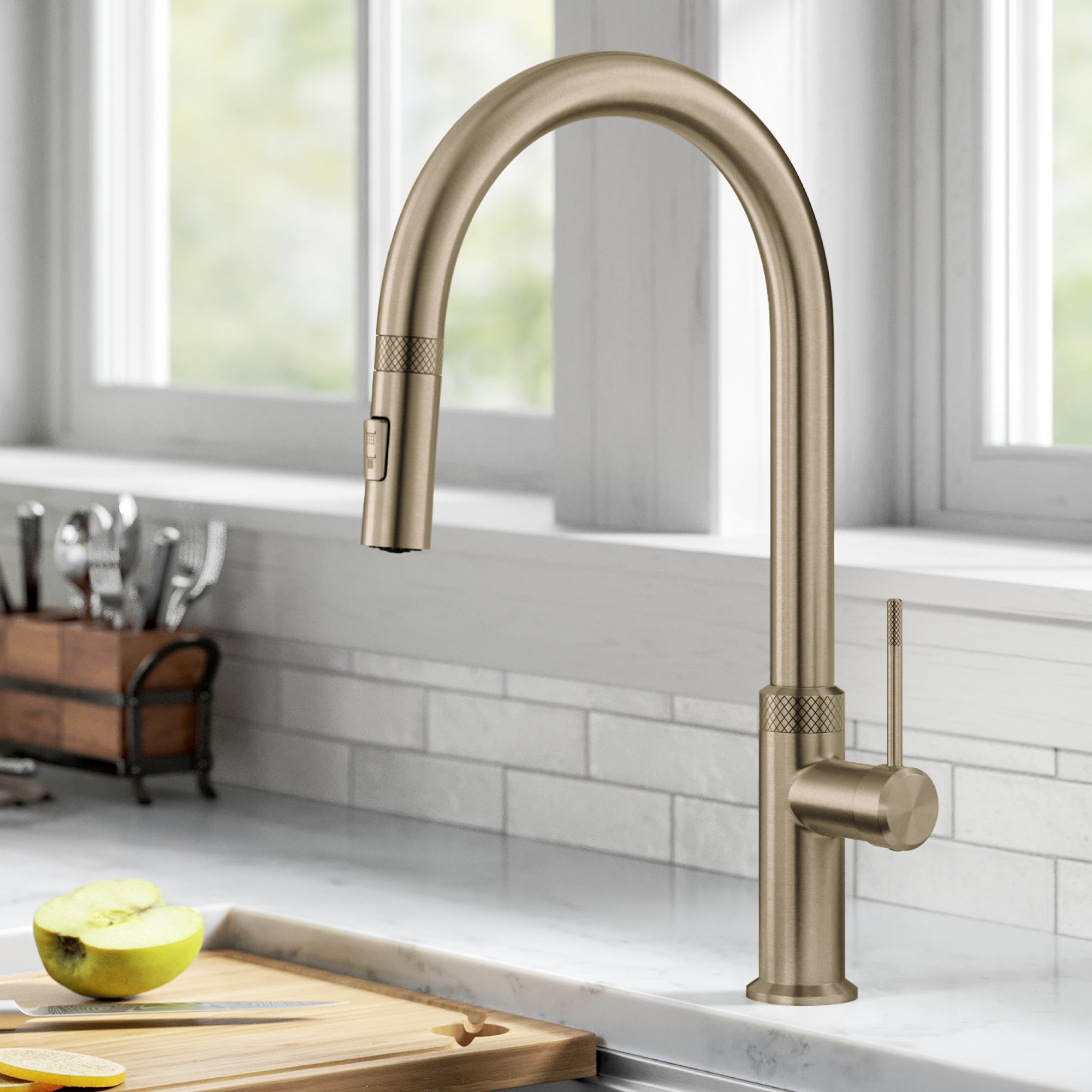 KRAUS Oletto Modern Industrial Pull-Down Single Handle Kitchen Faucet in Brushed Gold