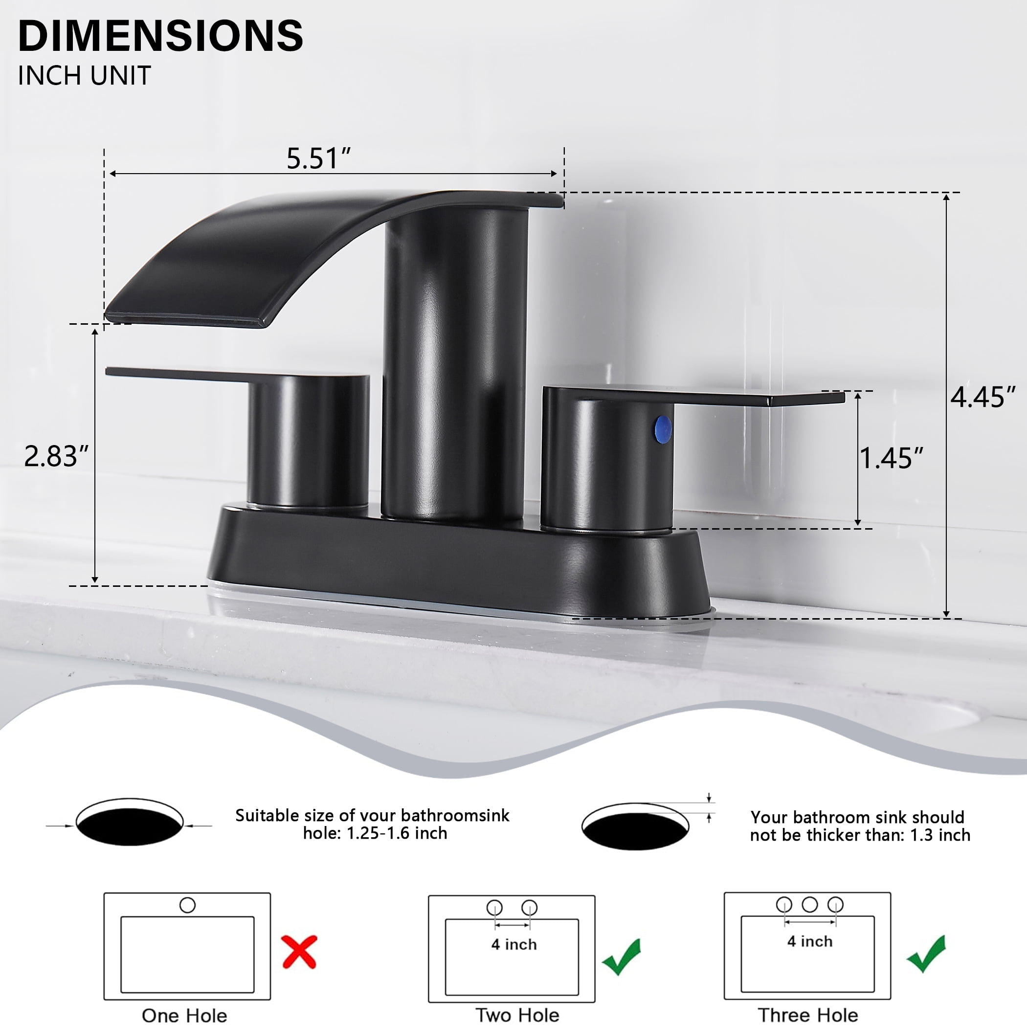 Kede Waterfall Bathroom Faucet Lavatory 2 Handle 3 Hole 4 Inch Bathroom Sink Faucet Washbasin Faucet with Deck and Pop-up Drain Black Centerset Bathroom Faucet