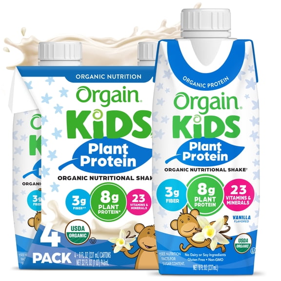Orgain Organic Kids Nutritional Vegan Protein Shakes, Vanilla, 8 Fl Oz, Pack of 4
