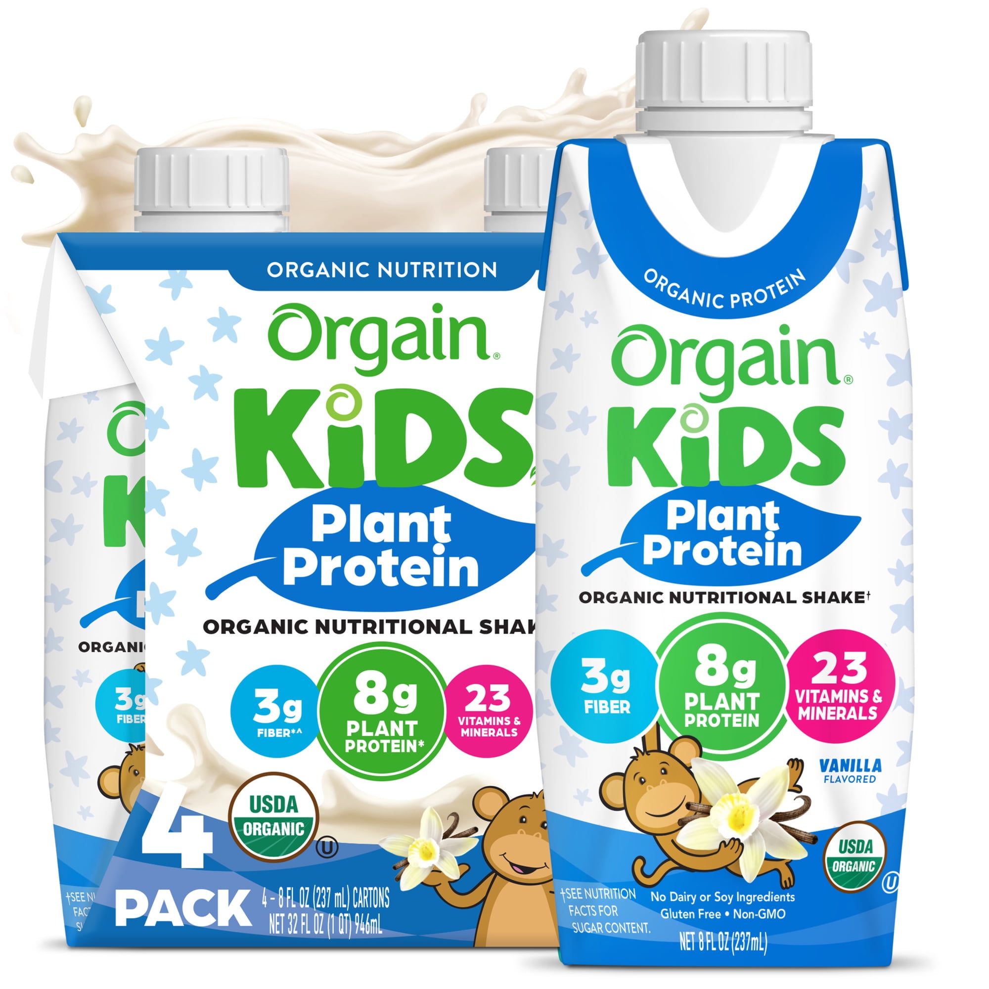 Orgain Organic Kids Nutritional Vegan Protein Shakes, Vanilla, 8 Fl Oz, Pack of 4