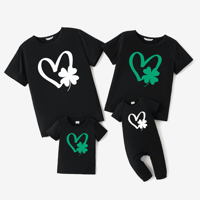 PatPat St. Patrick's Day Family Matching Heart and Four-Leaf Clover Pattern Black Tops