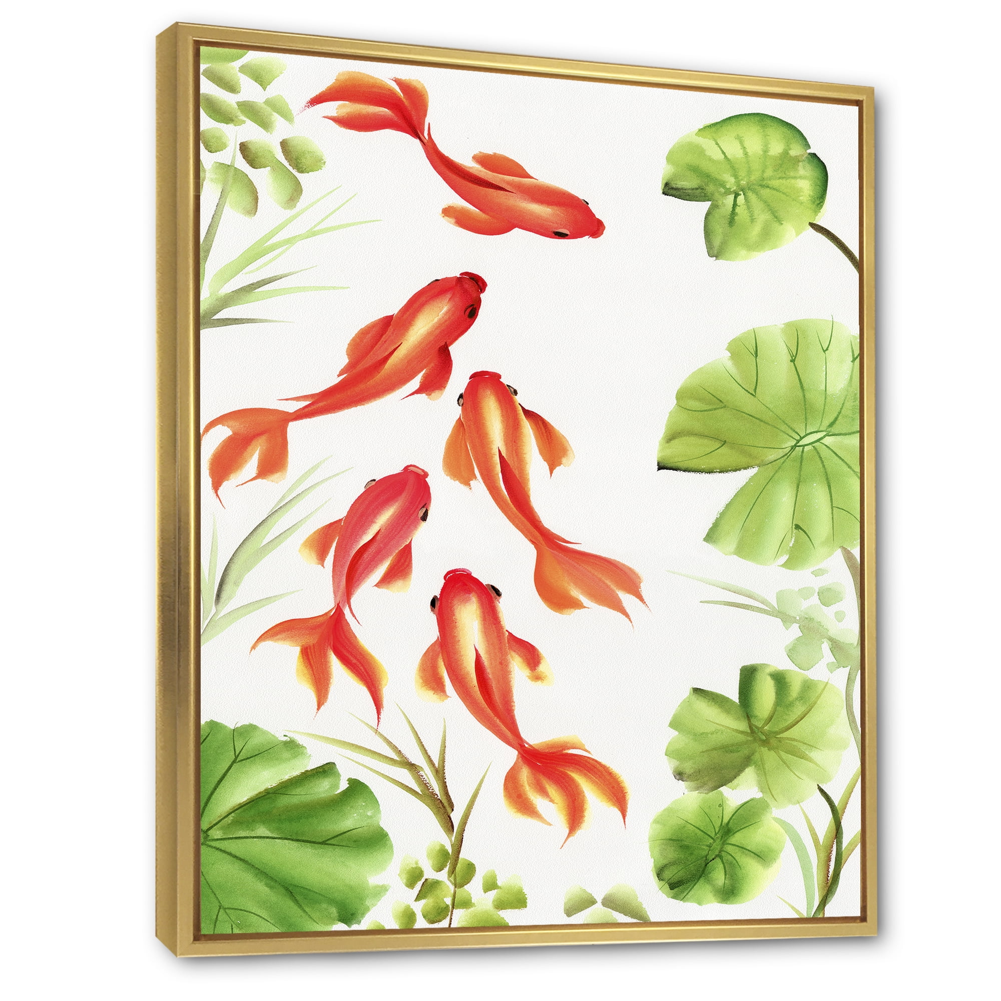 Designart 'Ancient Goldfishes Among The Lotus Leaves' Nautical & Coastal Framed Canvas Wall Art Print
