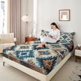 thumbnail image 4 of jejeloiu Vintage Aztec Geometric Queen Sheet Sets,Boho Blue Geometrry Flat Sheet,Oil Painting Artwork Queen Fitted Sheet,Super Cozy Room Decor,4pcs, 4 of 7