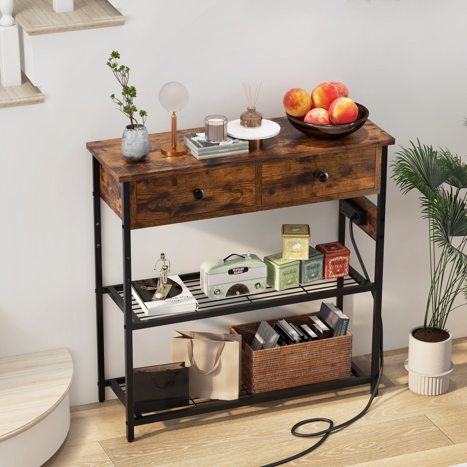 Giantex Console Table w/Outlets , Entryway Table w/USB Ports, Narrow Sofa Table, Entry Hallway Table, Brown