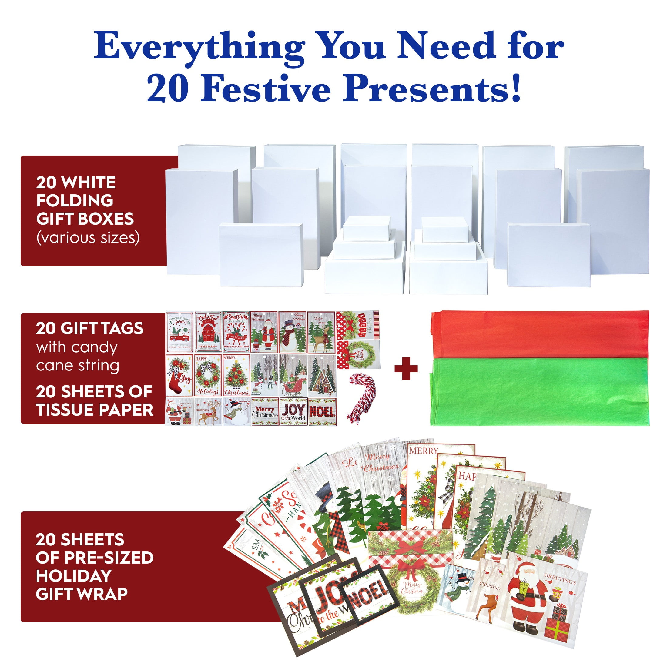 Gift Wrap In A Snap Holiday Gift Wrapping Kit, Includes 20 Gift Boxes, 20 Wrapping Paper Sheets, 20 Gift Tissue Paper Sheets & 20 Gift Tags