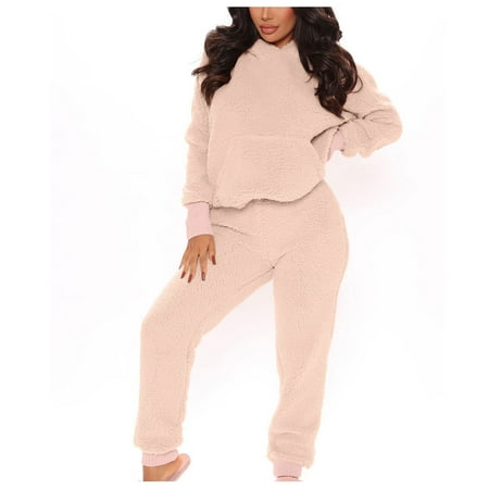 

Women s Fuzzy Fleece Pajamas Sets Long Sleeve Casual Hoodies Top with Ear and Pants Set 2 Piece Fluffy Sleepwear