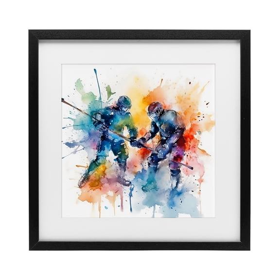 Stupell Industries Contemporary Watercolor Hockey Faceoff Black Framed Print Under Glass, 13 x 13, by Creative Studio