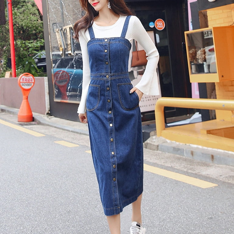 Womens Strappy Button Up Solid Pinafore Dress Ladies Long Maxi Dungaree  Dresses 