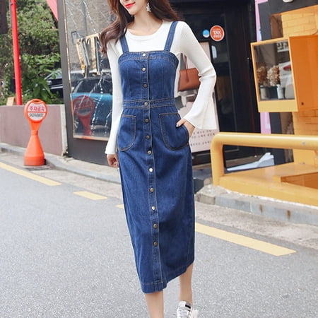 

Inkach Fashion Women Casual Solid Denim Square Collar Buttons Sleeveless Sling Dress Strap Dress